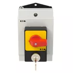 T0-2-1/I1/SVA(S)-RT Rozłączniki panikowe, 3 bieg., 20 A, zamek cylindryczny SVA, tabliczka 0-1, 90 °, bez samopowrotu, P, w obudowie IP65, pokrętło czerwono-żółte z zamkiem cylindrycznym