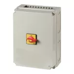 T6-160-6/I45/SVB/HI11 Rozłącznik główny, 6 bieg. + 1 NO + 1 NC, 160 A, funkcja awaryjnego zatrzymania , 90 °, blok. na kłódkę w pozycji Wył., w obudowie IP65, pokrętło czerwono-żółte z blokadą na kłódkę