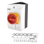T3-3-8901/I2/SVB Rozłącznik główny, 3 bieg. + N + 1 NO + 1 NC, 32 A, 90 °, w obudowie IP65, pokrętło czerwono-żółte z blokadą na kłódkę