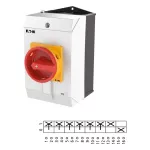 T3-4-15682/I2/SVB Przełącznik Zał.-Wył., 6 bieg. + 1 NO + 1 NC, 32 A, 90 °, w obudowie IP65, pokrętło czerwono-żółte z blokadą na kłódkę