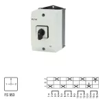 T3-4-8294/I2 Przełącznik zasilania, Styki: 8, 32 A, tabliczka: 1-0-2, 90 °, bez samopowrotu, w obudowie IP65, pokrętło czarne bez możliwości blokady
