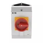 T3-1-8200/I2/SVB Przełącznik Zał.-Wył., Styki: 2, 32A, tabliczka: 0-1, 90°, bez samopowrotu, w obudowie IP65, pokrętło czerwono-żółte z blokadą na kłódkę