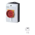 T3-1-8200/I2/SVB Przełącznik Zał.-Wył., Styki: 2, 32A, tabliczka: 0-1, 90°, bez samopowrotu, w obudowie IP65, pokrętło czerwono-żółte z blokadą na kłódkę