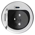 Gniazdo meblowe Ø6cm wpuszczane w blat z pokrywką, ładowarką USB i przewodem 1,9m, 1x2P+Z (French), 1xUSB (typ C; PD20W), srebrne