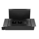 Gniazdo meblowe wpuszczane w blat z płaskim frezowanym rantem, uchylną klapką, ładowarką USB i przewodem 1,5m, 2x2P+Z (French), 2xUSB (typ A+C; 3,6A), czarne