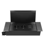 Gniazdo meblowe wpuszczane w blat z płaskim frezowanym rantem, uchylną klapką, ładowarką USB i przewodem 1,5m, 2x2P+Z (French), 2xUSB (typ A+C; 3,6A), czarne