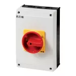 T5B-3-8901/I4/SVB Rozłącznik główny, 3 bieg. + N + 1 NO + 1 NC, 63 A, funkcja awaryjnego zatrzymania, 90 °, blok. na kłódkę w pozycji Wył., w obudowie IP65, pokrętło czerwono-żółte z blokadą na kłódkę