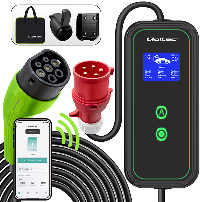 Qoltec Mobilna ładowarka do samochodu elektrycznego EV z regulacją 2w1 Typ2 | 11kW | Wi-fi | LCD | 3 fazy | Przenośna | Wallbox | 5m