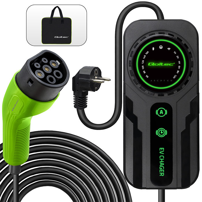 Qoltec Mobilna ładowarka do samochodu elektrycznego EV z regulacją 2w1 Typ2 | SCHUKO | 3.5kW | 230V | LCD | Przenośna | Wallbox | 5m 