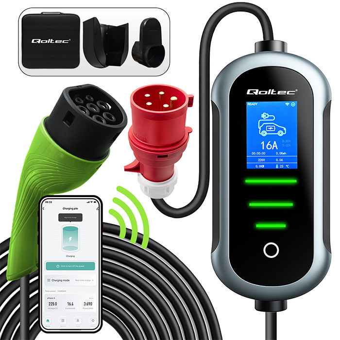 Qoltec Mobilna ładowarka do samochodu elektrycznego EV z regulacją 2w1 Typ2 | 22kW | 400V | Wi-fi | TUYA | SMART LIFE | LCD | Przenośna | Wallbox | 7m
