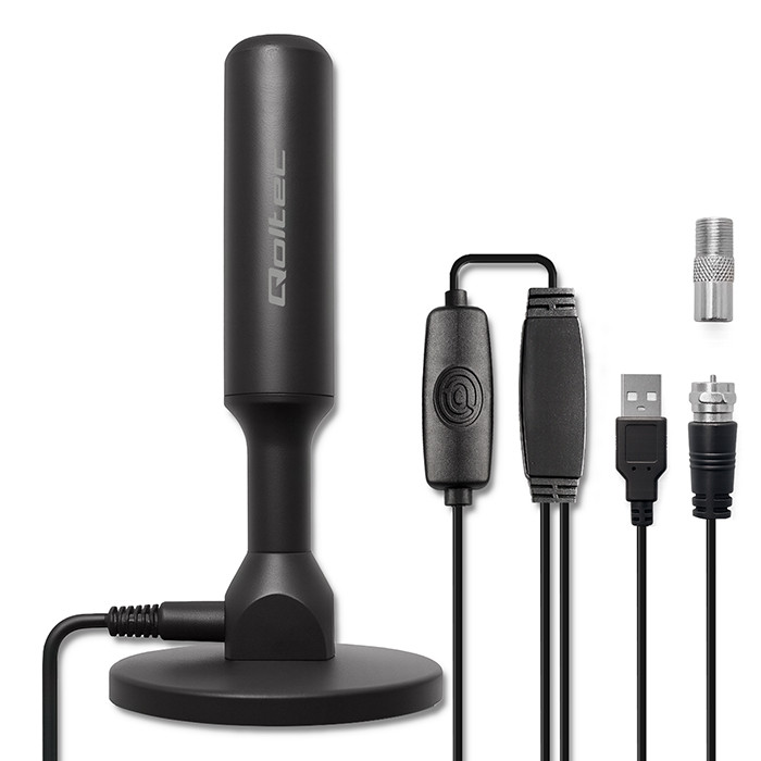 Qoltec Wewnętrzna Antena TV DVB-T2 ze wzmacniaczem sygnału i magnetyczną podstawą  | 4K | 28dBi | 5m