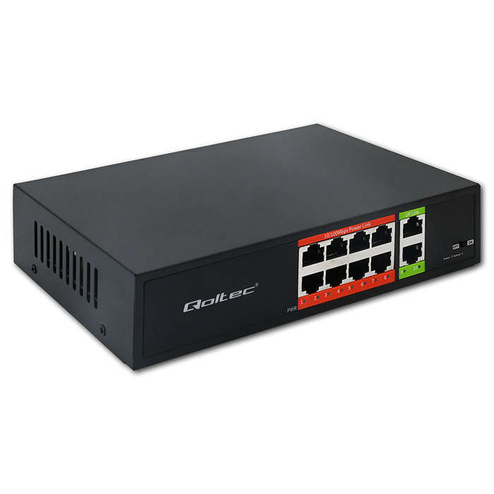 Qoltec Przełącznik sieciowy SWITCH Fast Ethernet PoE | 8x RJ45 | 2x RJ45 Uplink | 120W | 10/100 Mb/s