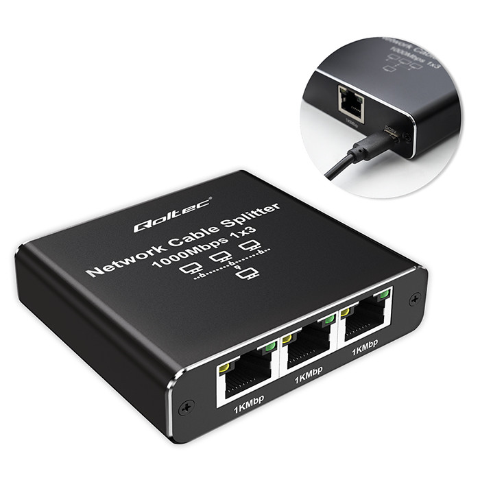 Qoltec Rozdzielacz Splitter Ethernet mini SWITCH 1x3 RJ45 | 1000Mb/s | USB-C | Aluminium