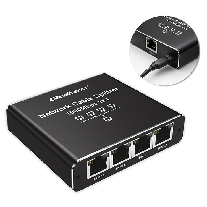 Qoltec Rozdzielacz Splitter Ethernet mini SWITCH 1x4 RJ45 | 1000Mb/s | USB-C | Aluminium