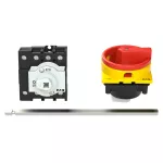 P1-32/M4/N/SVB Rozłącznik główny, 3 bieg. + N, 32 A, funkcja awaryjnego zatrzymania, blok. na kłódkę w pozycji Wył., z 400 mm metalową osią, montaż rozłączny, pokrętło czarne z blokadą na kłódkę