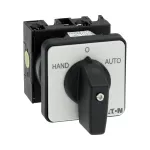 T0-1-15431/E Przełącznik zasilania, Styki: 2, 20 A, tabliczka: HAND-0-AUTO, 45 °, bez samopowrotu, montaż natablicowy, pokrętło czarne bez możliwości blokady