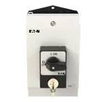 P1-25/I2/SVA(S) Rozłączniki panikowe, 3 bieg., 25 A, zamek cylindryczny SVA, tabliczka 0-1, 90 °, bez samopowrotu, w obudowie IP65, pokrętło czarne z zamkiem cylindrycznym