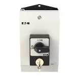 P1-25/I2/SVA(S) Rozłączniki panikowe, 3 bieg., 25 A, zamek cylindryczny SVA, tabliczka 0-1, 90 °, bez samopowrotu, w obudowie IP65, pokrętło czarne z zamkiem cylindrycznym