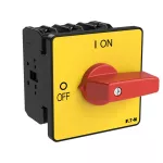 P3-100/E-RT Przełącznik Zał.-Wył., 3 bieg., 100 A, funkcja awaryjnego zatrzymania, montaż natablicowy, pokrętło czerwono-żółte bez możliwości blokady