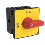P3-100/E-RT Przełącznik Zał.-Wył., 3 bieg., 100 A, funkcja awaryjnego zatrzymania, montaż natablicowy, pokrętło czerwono-żółte bez możliwości blokady