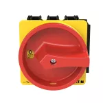 P3-100/EA/SVB/HI11 Rozłącznik główny, 3 bieg. + 1 NO + 1 NC, 100 A, funkcja awaryjnego zatrzymania, blok. na kłódkę w pozycji Wył., montaż natablicowy, pokrętło czerwono-żółte z blokadą na kłódkę