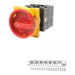 T3-4-15682/EA/SVB Rozłącznik główny, 6 bieg. + 1 NO + 1 NC, 32 A, funkcja awaryjnego zatrzymania, 90 °, blok. na kłódkę w pozycji Wył., montaż natablicowy, pokrętło czerwono-żółte z blokadą na kłódkę