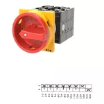 T3-4-15682/EA/SVB Rozłącznik główny, 6 bieg. + 1 NO + 1 NC, 32 A, funkcja awaryjnego zatrzymania, 90 °, blok. na kłódkę w pozycji Wył., montaż natablicowy, pokrętło czerwono-żółte z blokadą na kłódkę