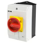 T0-4-15682/I2H/MBS/SVB Rozłącznik główny, 6 bieg.+1NO+1NC, 20A, funkcja awaryjnego zatrzymania, blok. na kłódkę w pozycji Wył., 90°, w obudowie ze szkła utwardzanego, z płytą ekranującą MBS, pokrętło czerwono-żółte z blokadą na kłódkę