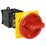T0-4-8344/V/SVB Rozłącznik główny, 8-bieg., 20 A, funkcja awaryjnego zatrzymania, 90 °, blok. na kłódkę w pozycji Wył., montaż rozłączny, pokrętło czerwono-żółte z blokadą na kłódkę