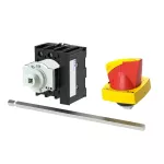 P1-32/M4/HI11/K1-PR Rozłącznik główny, 3 bieg. + 1 NO + 1 NC, 32 A, funkcja awaryjnego zatrzymania, blok. na kłódkę w pozycji Wył., z 400 mm metalową osią, montaż rozłączny, pokrętło K1 czerwono-żółte z blokadą na kłódkę