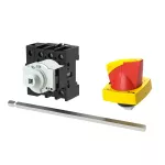 P1-25/M4/N/K1-PR Rozłącznik główny, 3 bieg. + N, 25 A, funkcja awaryjnego zatrzymania, blok. na kłódkę w pozycji Wył., z 400 mm metalową osią, montaż rozłączny, pokrętło K1 czerwono-żółte z blokadą na kłódkę