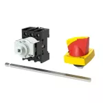 P1-25/M4/K1-PR Rozłącznik główny, 3 bieg., 25 A, funkcja awaryjnego zatrzymania, blok. na kłódkę w pozycji Wył., z 400 mm metalową osią, montaż rozłączny, pokrętło K1 czerwono-żółte z blokadą na kłódkę