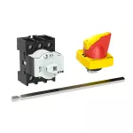 P1-25/M4/K1-PR Rozłącznik główny, 3 bieg., 25 A, funkcja awaryjnego zatrzymania, blok. na kłódkę w pozycji Wył., z 400 mm metalową osią, montaż rozłączny, pokrętło K1 czerwono-żółte z blokadą na kłódkę
