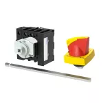 P1-32/M4/N/HI11/K1-PR Rozłącznik główny, 3 bieg. + N + 1 NO + 1 NC, 32 A, funkcja awaryjnego zatrzymania, blok. na kłódkę w pozycji Wył., z 400 mm metalową osią, montaż rozłączny, pokrętło K1 czerwono-żółte z blokadą na kłódkę