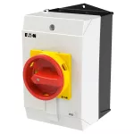 T0-3-15680/I2H/MBS/SVB Rozłącznik główny, 3 bieg.+N+1NO+1NC, 20A, funkcja awaryjnego zatrzymania, blok. na kłódkę w pozycji Wył., 90°, w obudowie ze szkła utwardzanego, z płytą ekranującą MBS, pokrętło czerwono-żółte z blokadą na kłódkę