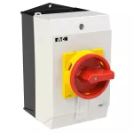 T0-3-15683/I2H/MBS/SVB Rozłącznik główny, 3 bieg.+2NO+1NC, 20A, funkcja awaryjnego zatrzymania, blok. na kłódkę w pozycji Wył., 90°, w obudowie ze szkła utwardzanego, z płytą ekranującą MBS, pokrętło czerwono-żółte z blokadą na kłódkę