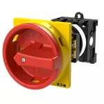 T0-1-8200/V/SVB Rozłącznik główny, 1 bieg., 20 A, funkcja awaryjnego zatrzymania, 90 °, blok. na kłódkę w pozycji Wył., montaż rozłączny, pokrętło czerwono-żółte z blokadą na kłódkę