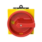 T0-1-8200/V/SVB Rozłącznik główny, 1 bieg., 20 A, funkcja awaryjnego zatrzymania, 90 °, blok. na kłódkę w pozycji Wył., montaż rozłączny, pokrętło czerwono-żółte z blokadą na kłódkę