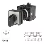 T3-3-8212/Z Przełącznik zasilania, Styki: 6, 32 A, tabliczka: 1-0-2, 60 °, bez samopowrotu, montaż rozłączny, pokrętło czarne bez możliwości blokady
