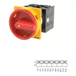 T3-3-8342/EA/SVB Rozłącznik główny, 6 bieg., 32 A, funkcja awaryjnego zatrzymania, 90 °, blok. na kłódkę w pozycji Wył., montaż natablicowy, pokrętło czerwono-żółte z blokadą na kłódkę