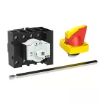 P1-25/M4/N/HI11/K1-PR Rozłącznik główny, 3 bieg. + N + 1 NO + 1 NC, 25 A, funkcja awaryjnego zatrzymania, blok. na kłódkę w pozycji Wył., z 400 mm metalową osią, montaż rozłączny, pokrętło K1 czerwono-żółte z blokadą na kłódkę