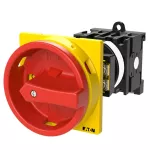 T0-2-1/V/SVB Rozłącznik główny, 3 bieg., 20 A, funkcja awaryjnego zatrzymania, 90 °, blok. na kłódkę w pozycji Wył., montaż rozłączny, pokrętło czerwono-żółte z blokadą na kłódkę