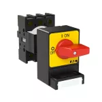 P1-25/E/SVC(S)-RT Rozłączniki panikowe, 3 bieg., 25 A, z zamknięciem na kłódkę SVC, tabliczka 0-1, 90 °, bez samopowrotu, montaż natablicowy, pokrętło czerwono-żółte z zamknięciem na kłódkę