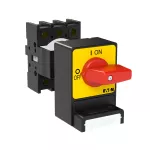 P1-25/E/SVC(S)-RT Rozłączniki panikowe, 3 bieg., 25 A, z zamknięciem na kłódkę SVC, tabliczka 0-1, 90 °, bez samopowrotu, montaż natablicowy, pokrętło czerwono-żółte z zamknięciem na kłódkę