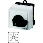 T0-3-8007/IVS Przełącznik woltomierzy, Styki: 6, 20 A, 3 x faza-faza, 3 x faza-N, tabliczka: faza/faza-0-faza/N, 45 °, bez samopowrotu, montaż na szynę TH, pokrętło czarne bez możliwości blokady