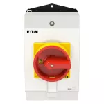 T0-2-15679/I2H/MBS/SVB Rozłącznik główny, 3 bieg.+1NO, 20A, funkcja awaryjnego zatrzymania, blok. na kłódkę w pozycji Wył., 90°, w obudowie ze szkła utwardzanego, z płytą ekranującą MBS, pokrętło czerwono-żółte z blokadą na kłódkę