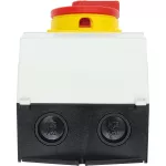 T0-2-15679/I2H/MBS/SVB Rozłącznik główny, 3 bieg.+1NO, 20A, funkcja awaryjnego zatrzymania, blok. na kłódkę w pozycji Wył., 90°, w obudowie ze szkła utwardzanego, z płytą ekranującą MBS, pokrętło czerwono-żółte z blokadą na kłódkę