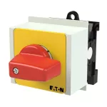 T0-1-8200/IVS-RT Przełącznik Zał.-Wył., 1 bieg., 20 A, funkcja awaryjnego zatrzymania, 90 °, montaż na szynę TH, pokrętło czerwono-żółte bez możliwości blokady