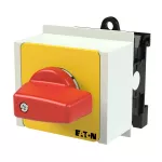 T0-1-8200/IVS-RT Przełącznik Zał.-Wył., 1 bieg., 20 A, funkcja awaryjnego zatrzymania, 90 °, montaż na szynę TH, pokrętło czerwono-żółte bez możliwości blokady