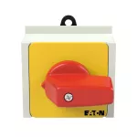T0-1-8200/IVS-RT Przełącznik Zał.-Wył., 1 bieg., 20 A, funkcja awaryjnego zatrzymania, 90 °, montaż na szynę TH, pokrętło czerwono-żółte bez możliwości blokady